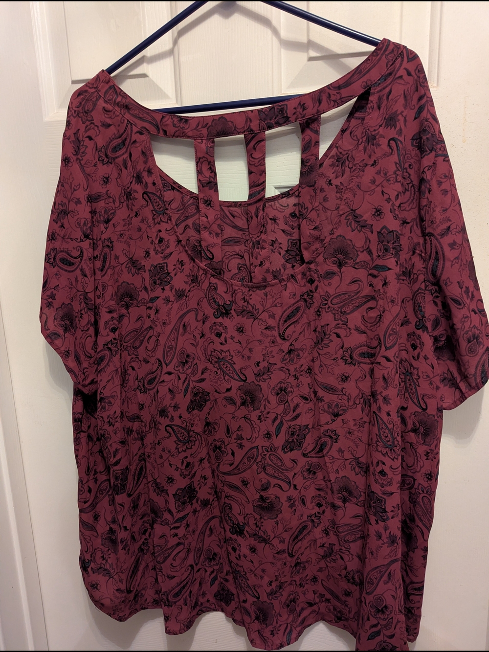 torrid Burgundy Paisley Short Sleeve Top with Strappy Back